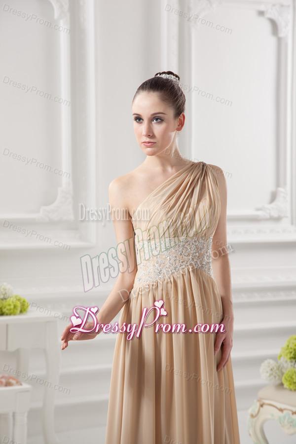 One Shoulder Ruching and Appliques Chiffon Prom Dress