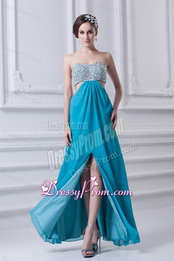 Sweetheart Deep Sky Blue Chiffon Prom Dress with Beading