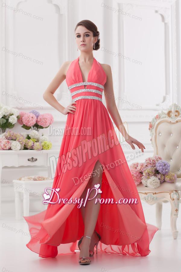 Watermelon Halter top High Slit Chiffon Prom Dress with Beading