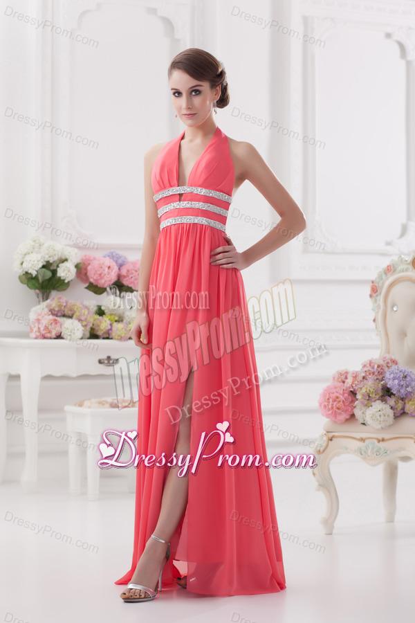 Watermelon Halter top High Slit Chiffon Prom Dress with Beading