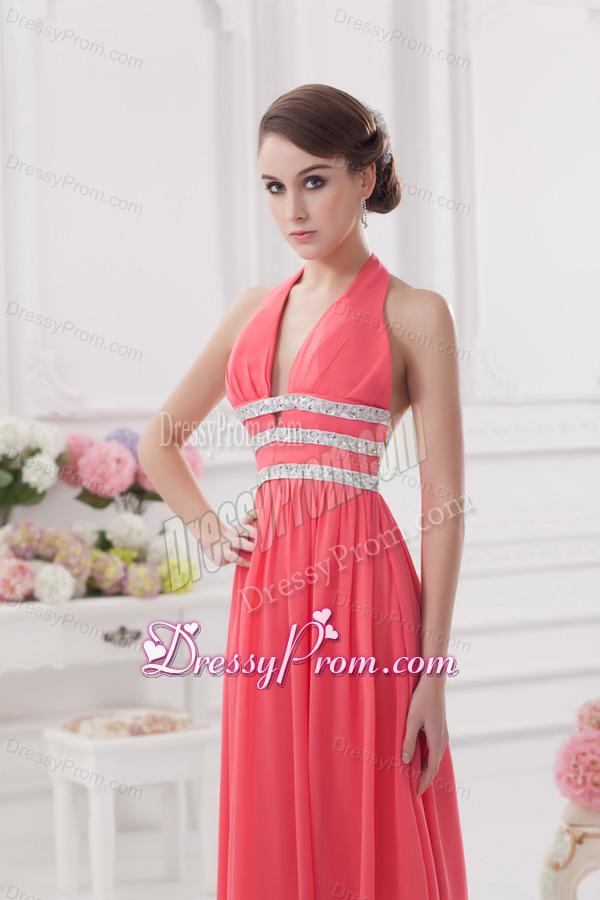 Watermelon Halter top High Slit Chiffon Prom Dress with Beading