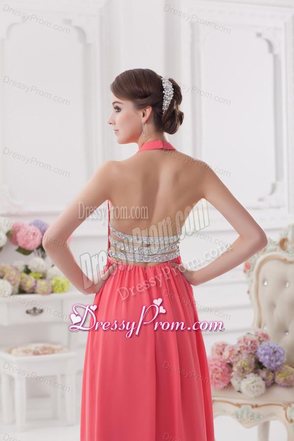 Watermelon Halter top High Slit Chiffon Prom Dress with Beading