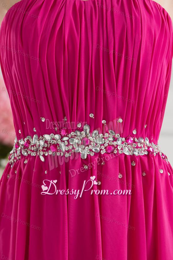 Hot Pink Empire Strapless Ruching Beading Brush Train Prom Dress