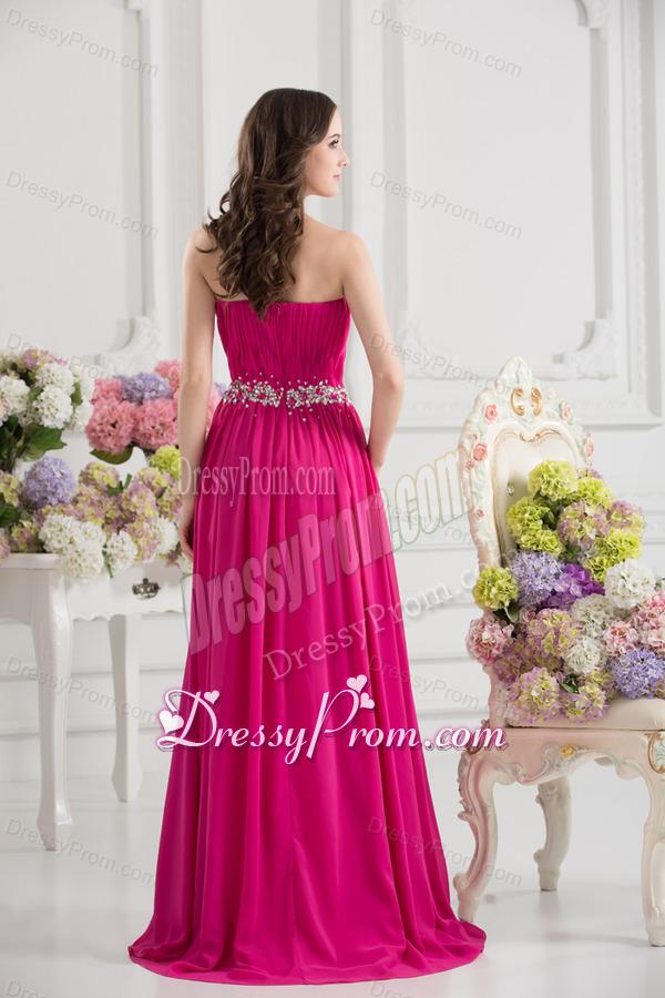 Hot Pink Empire Strapless Ruching Beading Brush Train Prom Dress