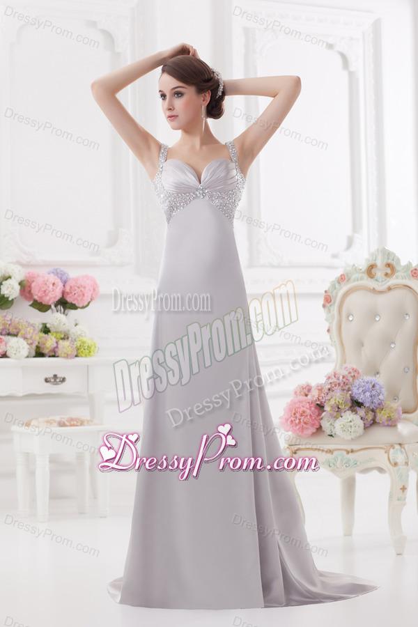 Light Grey Straps Column Prom Dress with Beading and Ruching