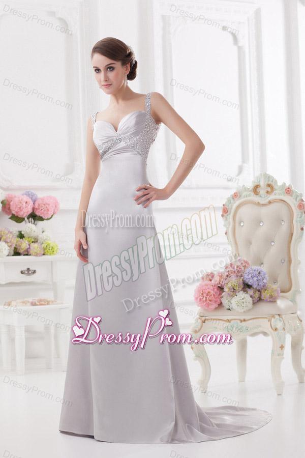 Light Grey Straps Column Prom Dress with Beading and Ruching