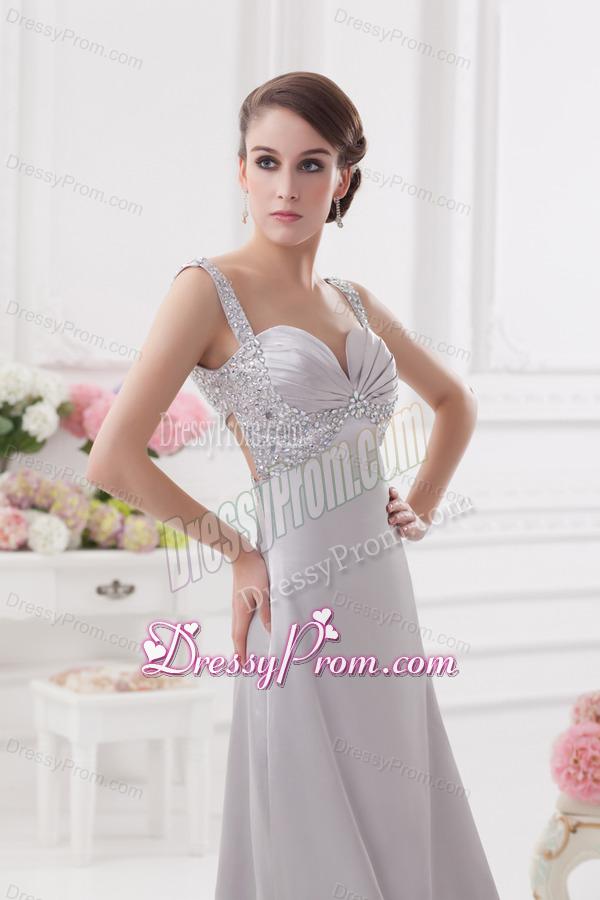 Light Grey Straps Column Prom Dress with Beading and Ruching