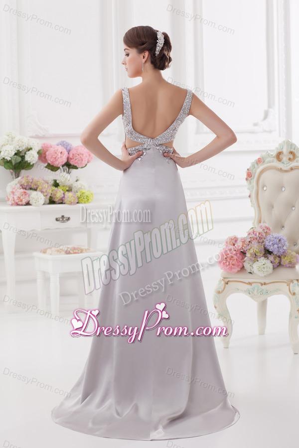 Light Grey Straps Column Prom Dress with Beading and Ruching
