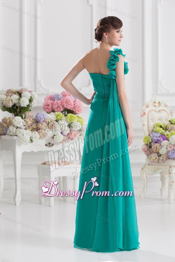 One Shoulder Turquoise Column Handle Made Flowers Prom Dress