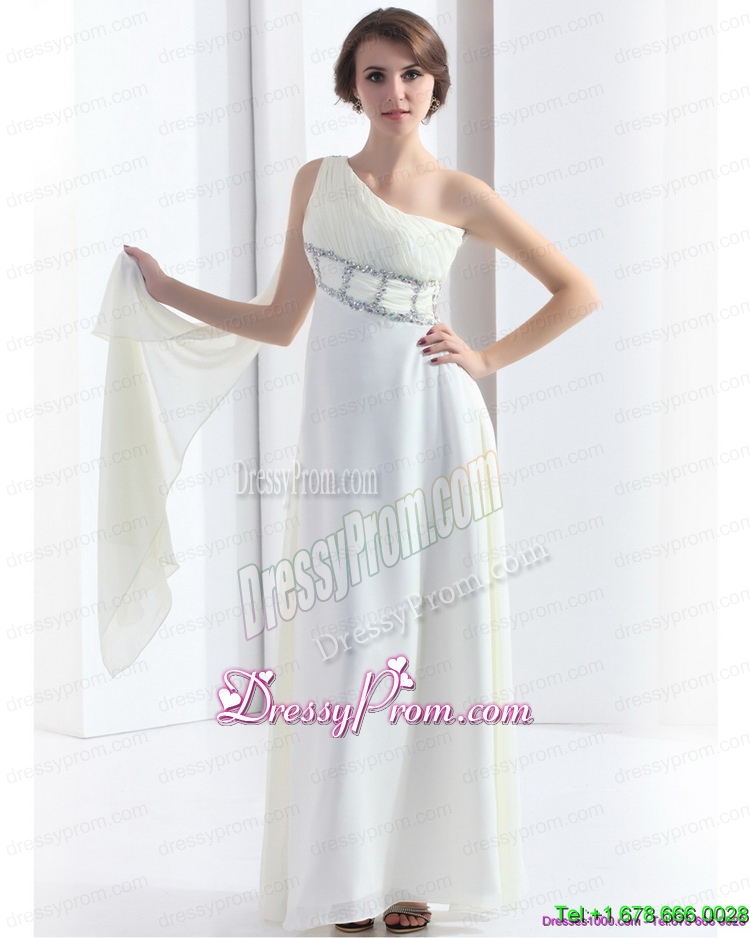 2015 New Style One Shoulder White Prom Dress with Watteau Train and Beading