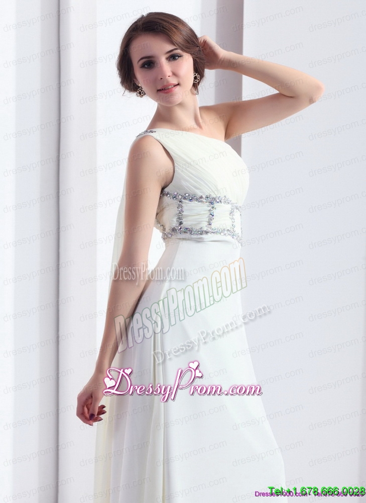 2015 New Style One Shoulder White Prom Dress with Watteau Train and Beading