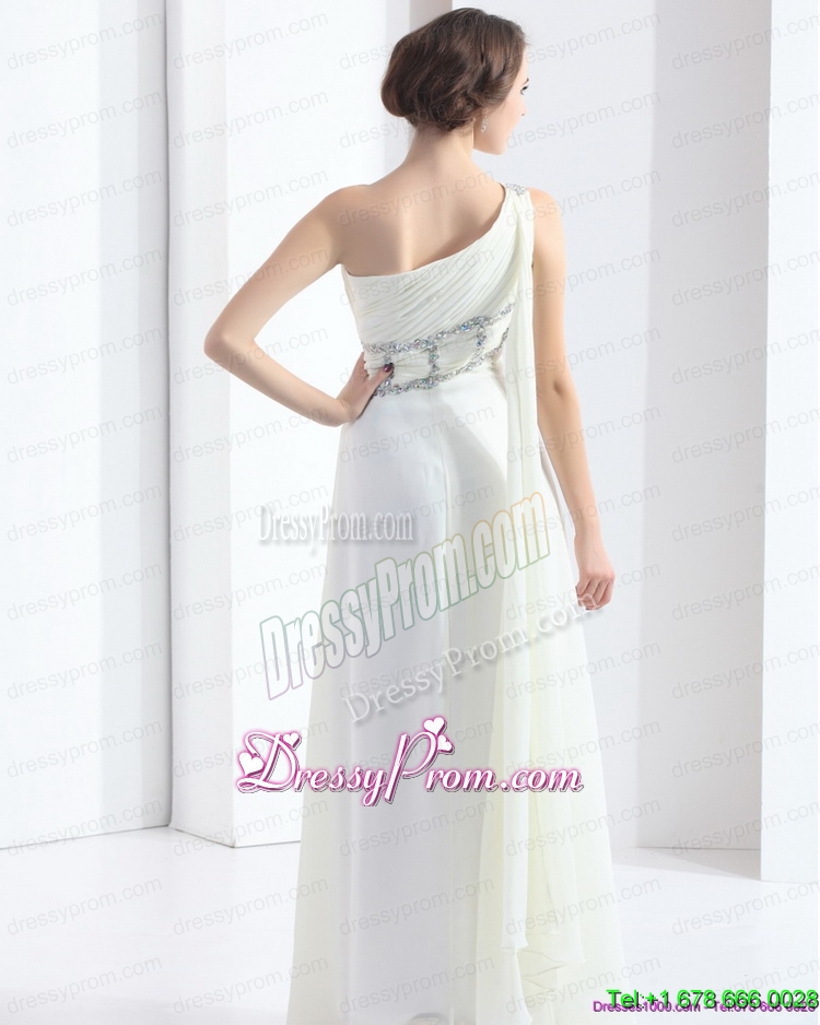 2015 New Style One Shoulder White Prom Dress with Watteau Train and Beading