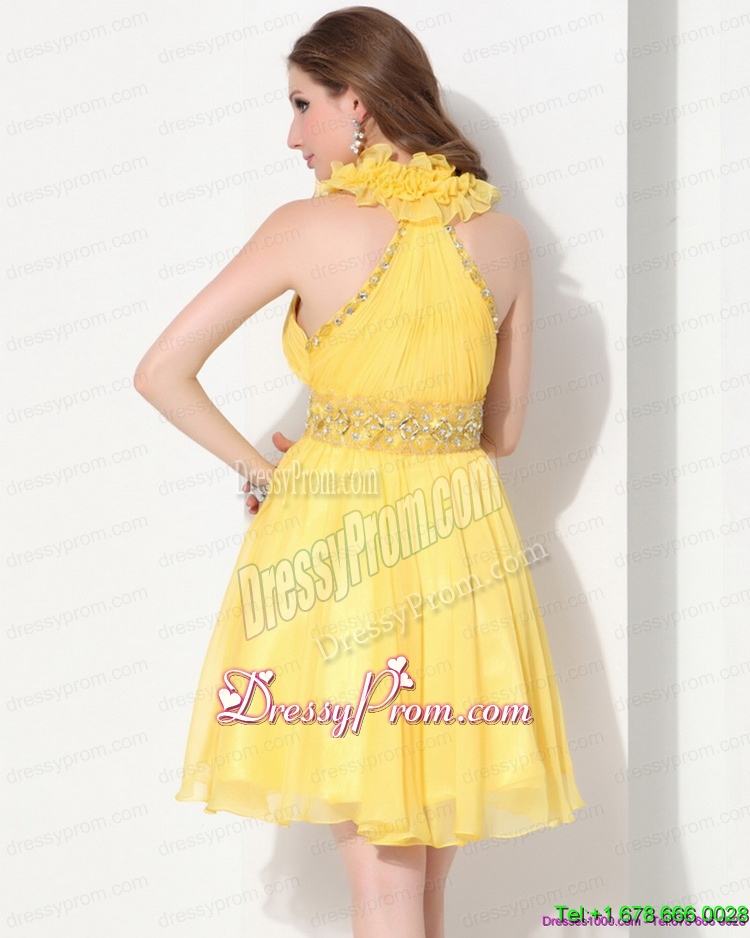 Simple Halter Top Ruffled Prom Dresses with Beading