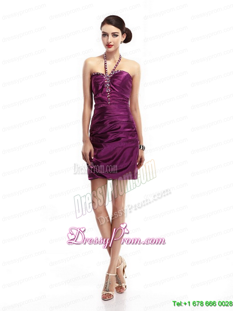 Vintage 2015 Halter Top Short Dama Dresses with Ruching and Beading
