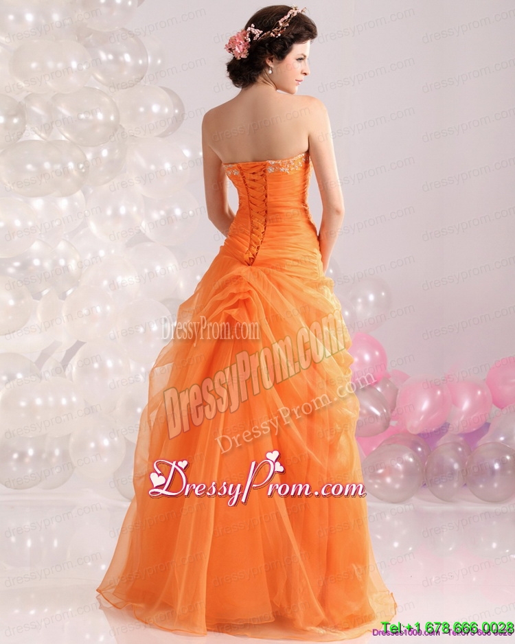 2015 Unique Strapless Orange Red Prom Dress with Hand Made Flowers and Beading