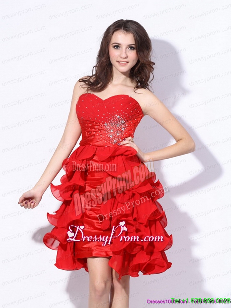 Red Ruching Sweetheart Unique Prom Dresses with Beading and Ruffles