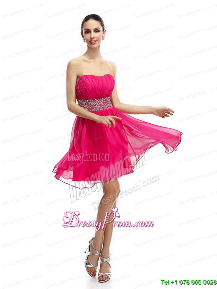Unique Coral Red Strapless Short Prom Dresses with Ruching and Rhinestones
