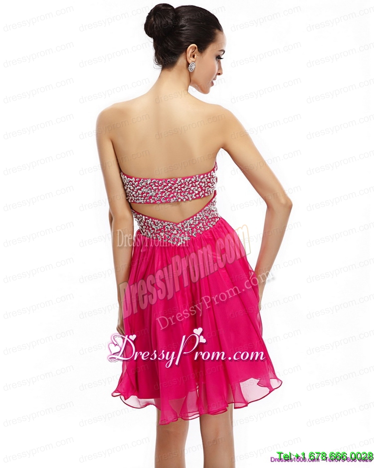 Unique Coral Red Strapless Short Prom Dresses with Ruching and Rhinestones