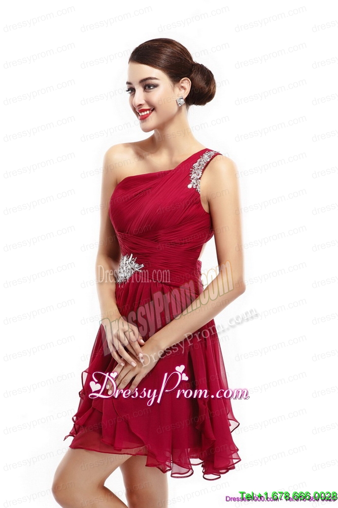 Unique One Shoulder Ruching Mini Length Prom Dresses with Beading
