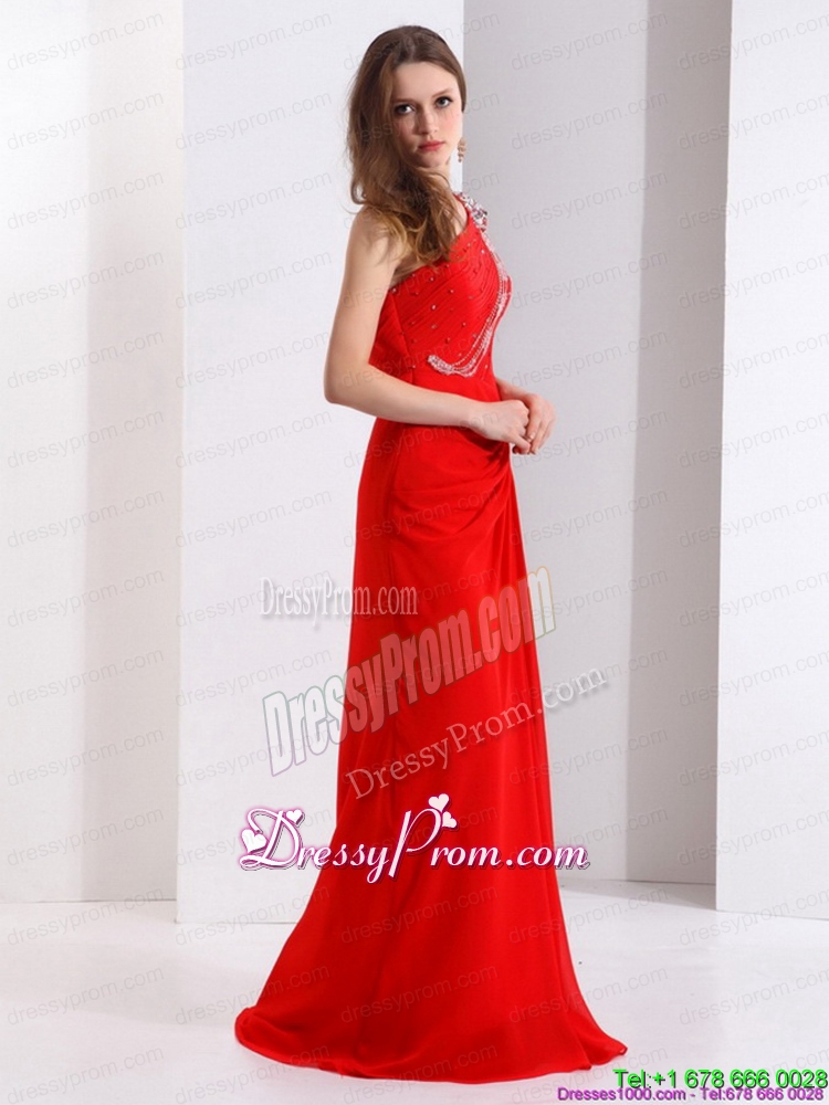 Unique 2015 One Shoulder Red Prom Dress with Beadings and Brush Train