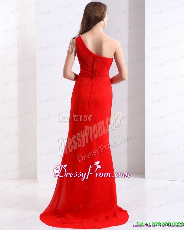 Unique 2015 One Shoulder Red Prom Dress with Beadings and Brush Train