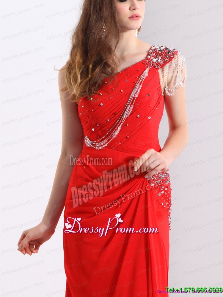 Unique 2015 One Shoulder Red Prom Dress with Beadings and Brush Train