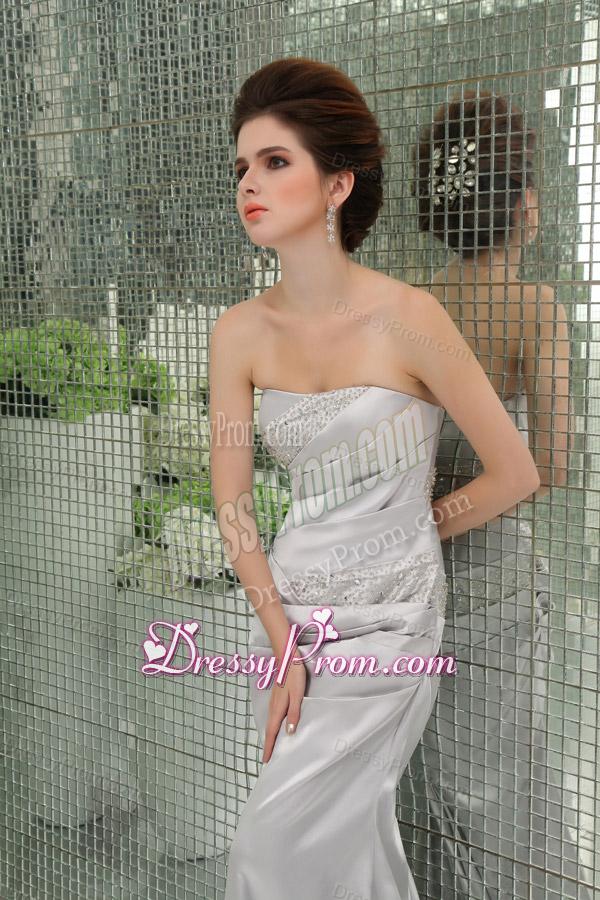 A-line Strapless Sashes and Beadings Silver Prom Dress