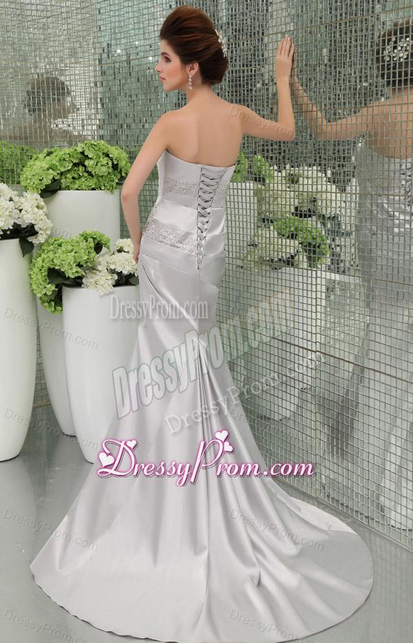 A-line Strapless Sashes and Beadings Silver Prom Dress