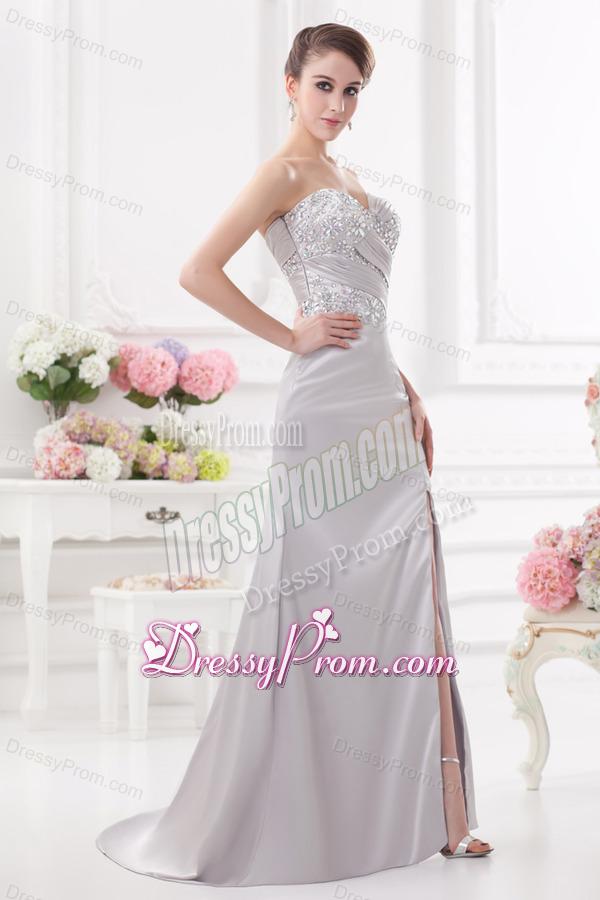 Light Grey Column Sweetheart Prom Dress with Ruching and Beading