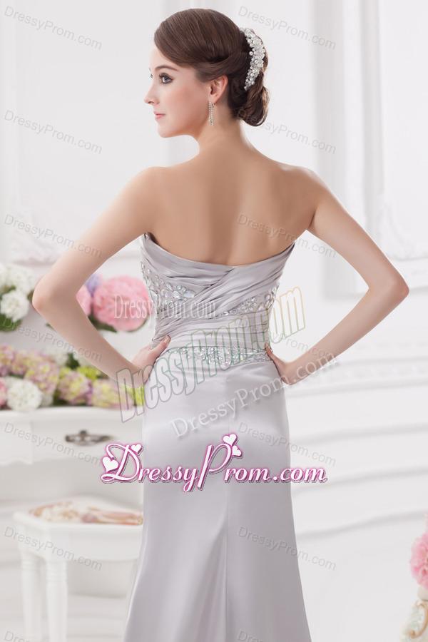 Light Grey Column Sweetheart Prom Dress with Ruching and Beading
