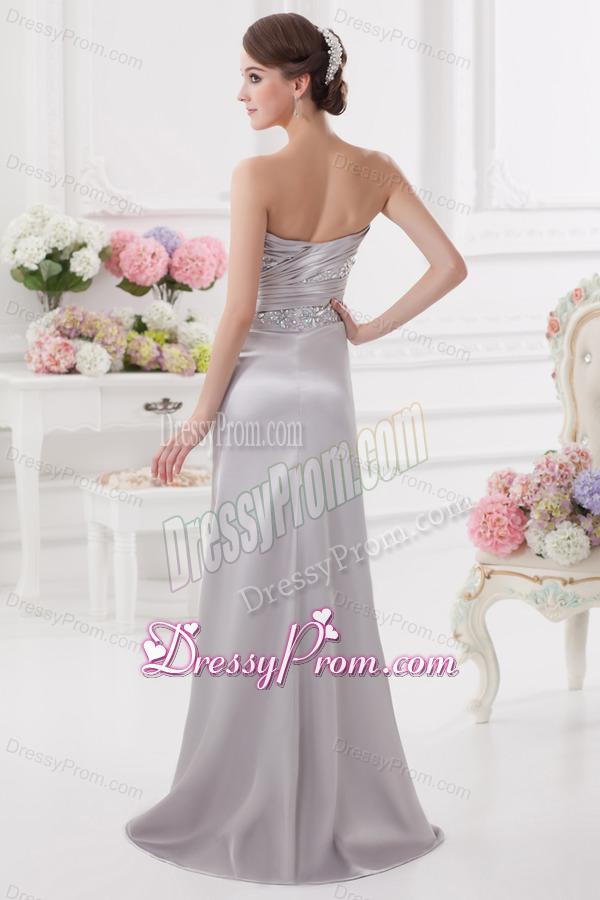 Light Grey Column Sweetheart Prom Dress with Ruching and Beading