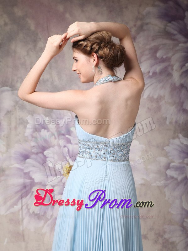 Halter Top Pleated Baby Blue Prom Dresses with Rhinestones