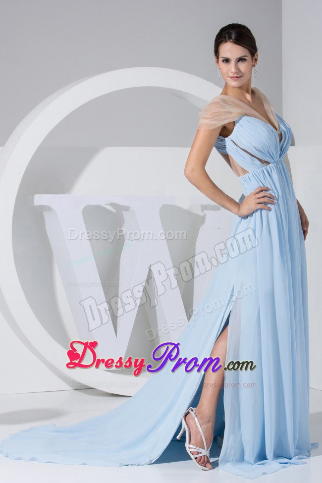 Brush Train V-neck Light Blue Prom Dress Sheer Cap Sleeves