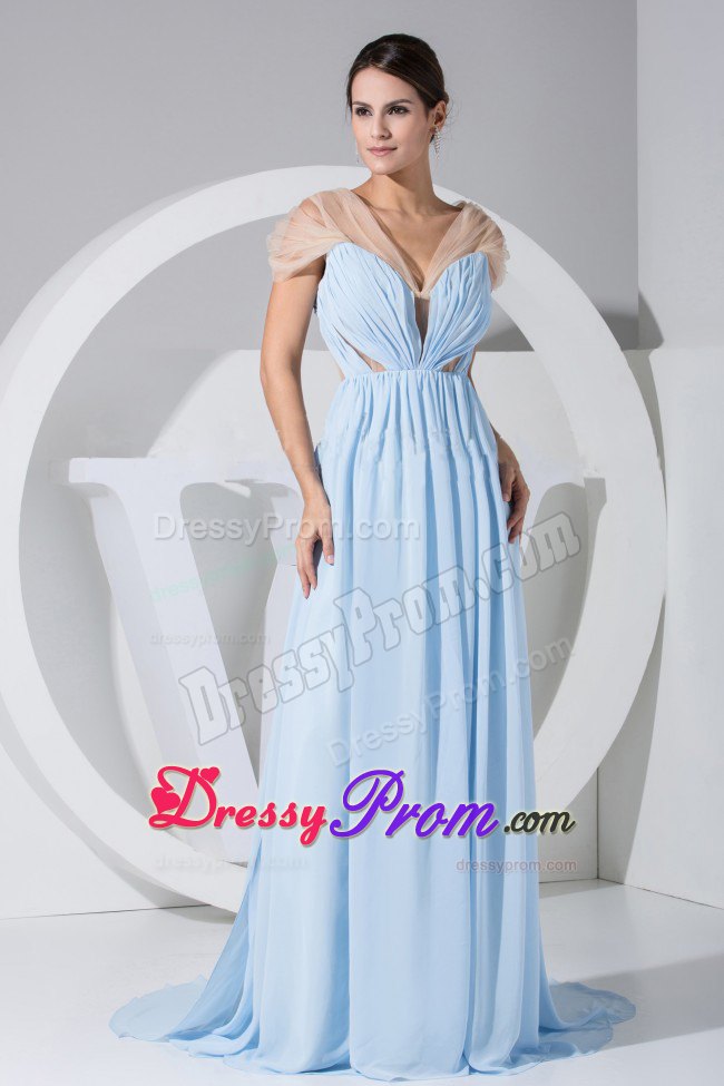Brush Train V-neck Light Blue Prom Dress Sheer Cap Sleeves