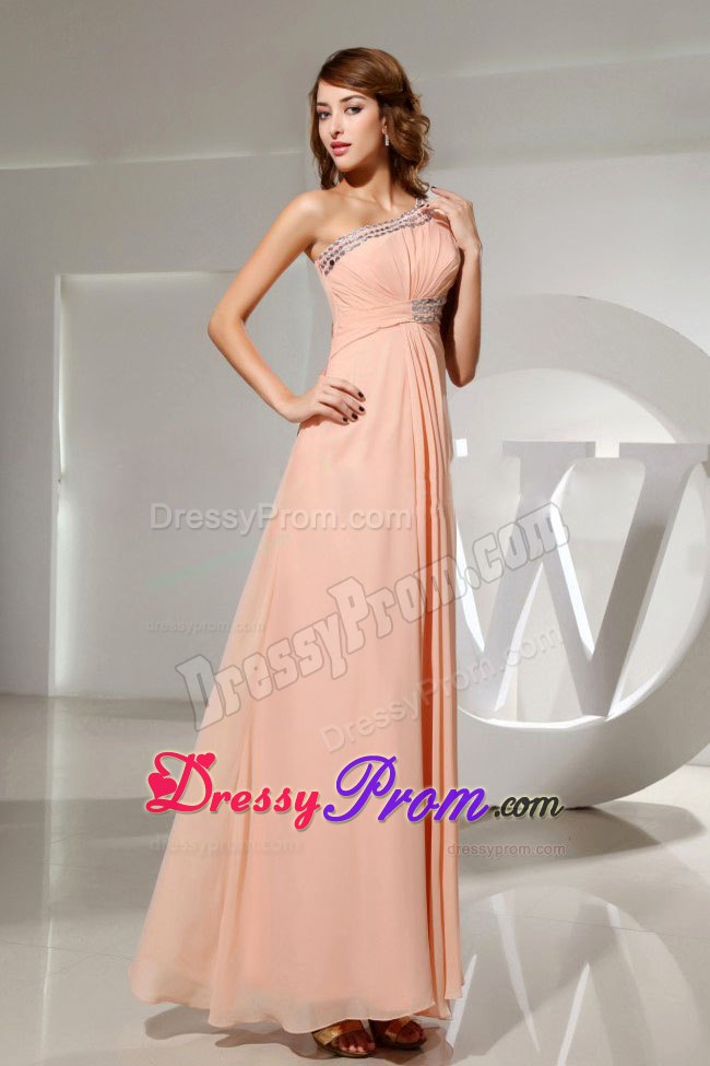 One Shoulder Empire Light Pink Beaded Prom Dress Side Zipper