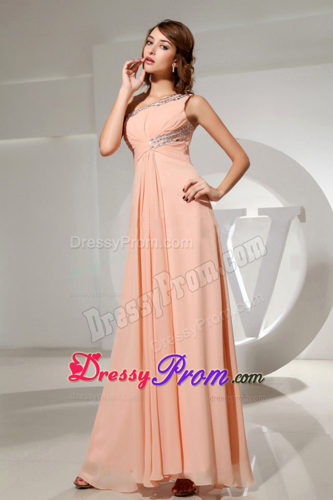 One Shoulder Empire Light Pink Beaded Prom Dress Side Zipper