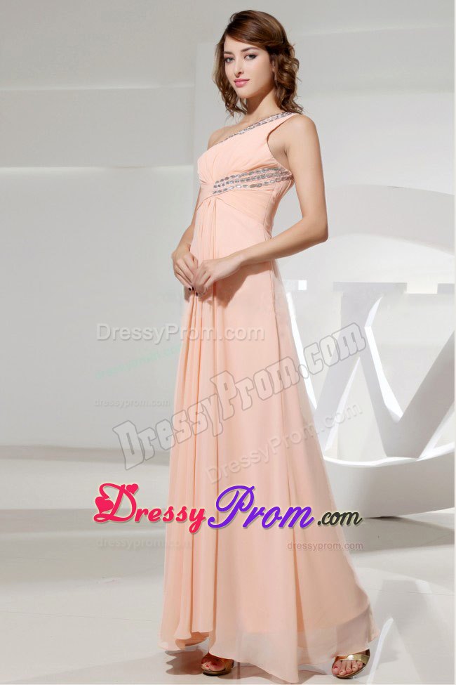 One Shoulder Empire Light Pink Beaded Prom Dress Side Zipper