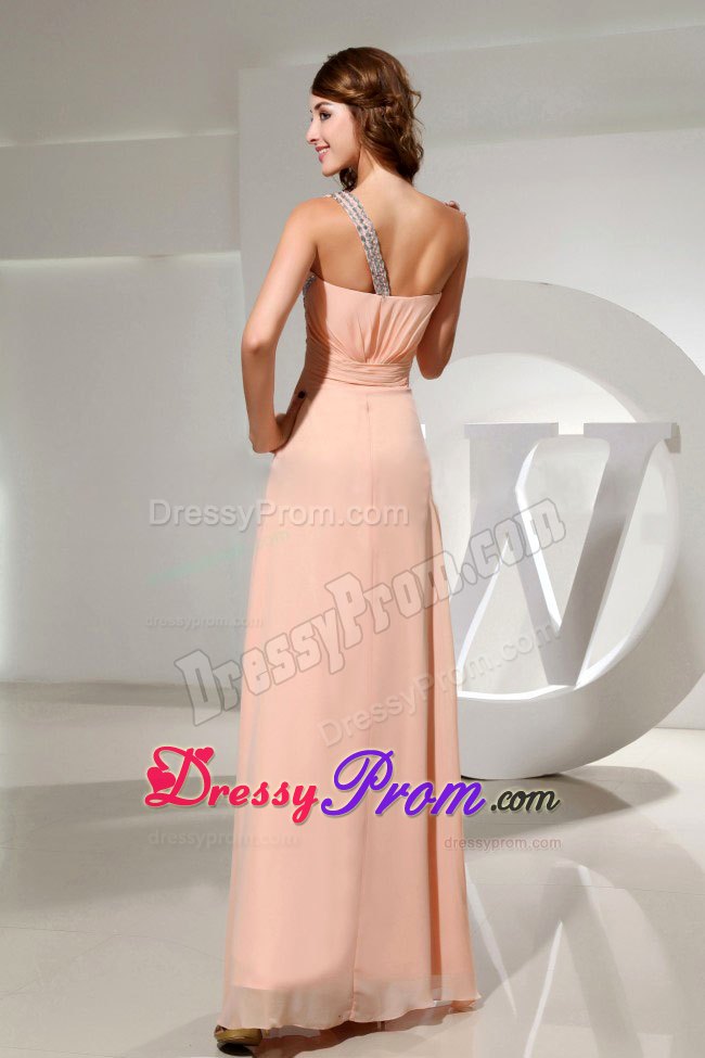One Shoulder Empire Light Pink Beaded Prom Dress Side Zipper