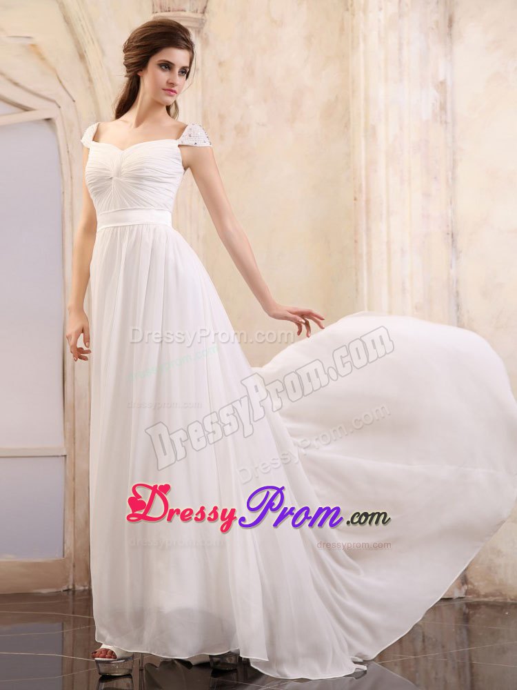 Discount Cute Cap Sleeves Brush Train White Prom Dress for Girls