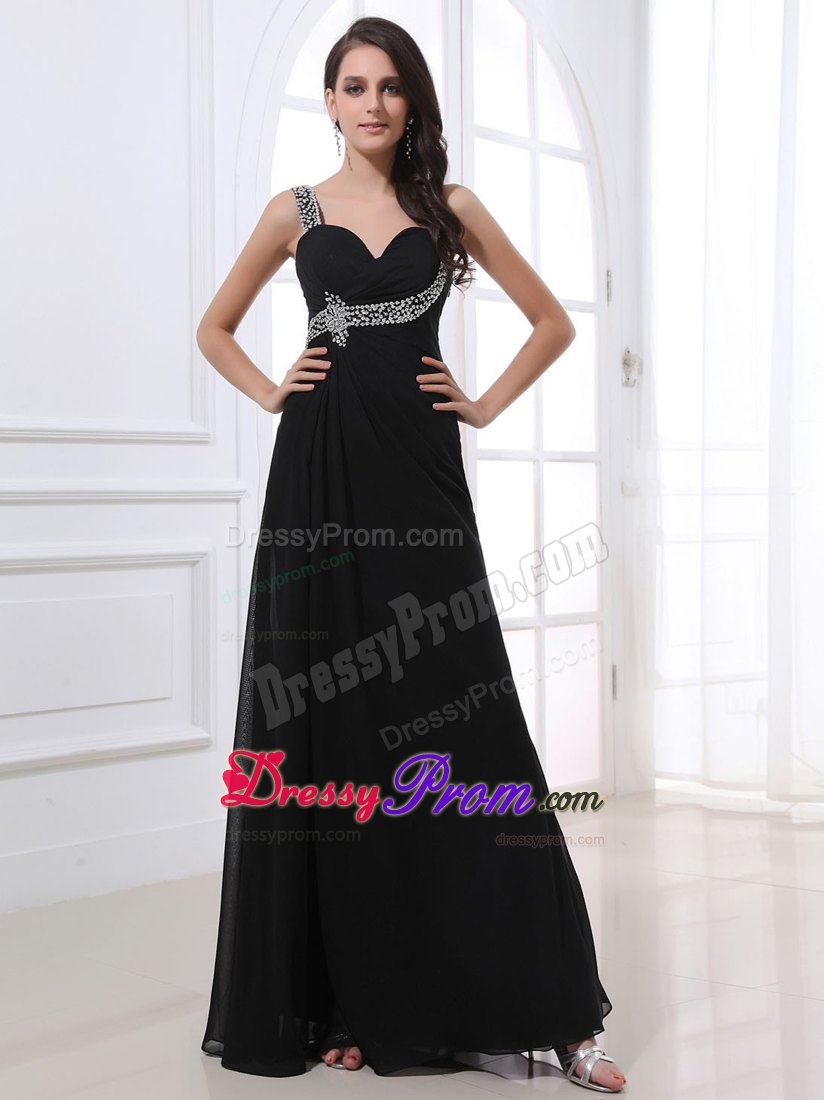 Elegant Black Chiffon Floor-length Beaded Prom Dress with Straps