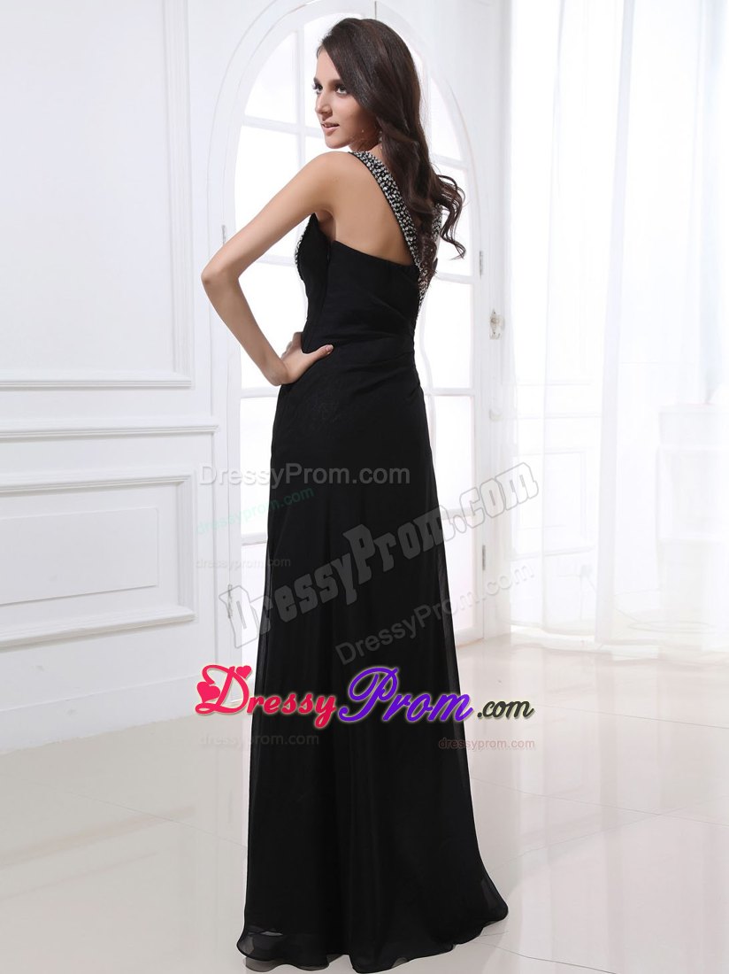 Elegant Black Chiffon Floor-length Beaded Prom Dress with Straps