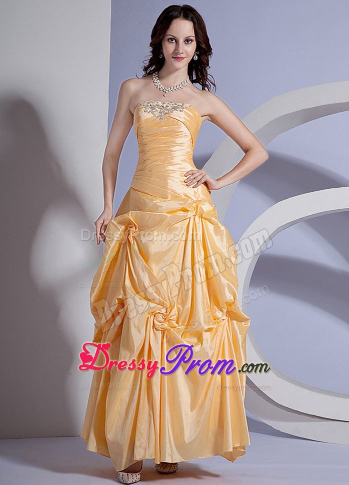 Strapless Ankle-length Pick Ups Yellow Prom Dress for Ladies