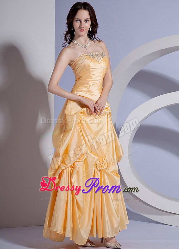 Strapless Ankle-length Pick Ups Yellow Prom Dress for Ladies