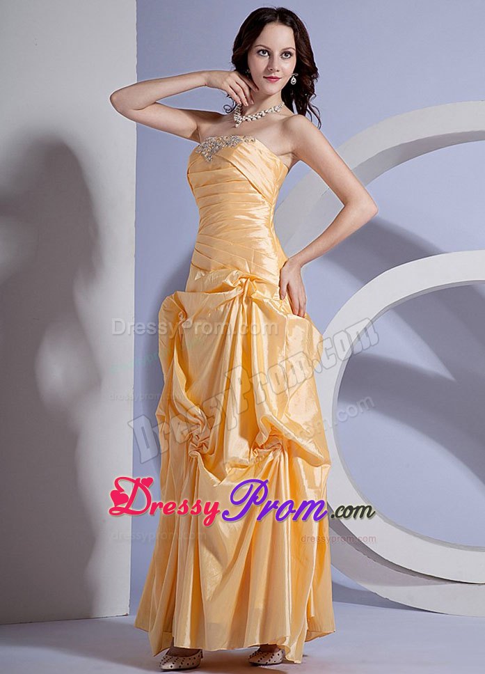 Strapless Ankle-length Pick Ups Yellow Prom Dress for Ladies