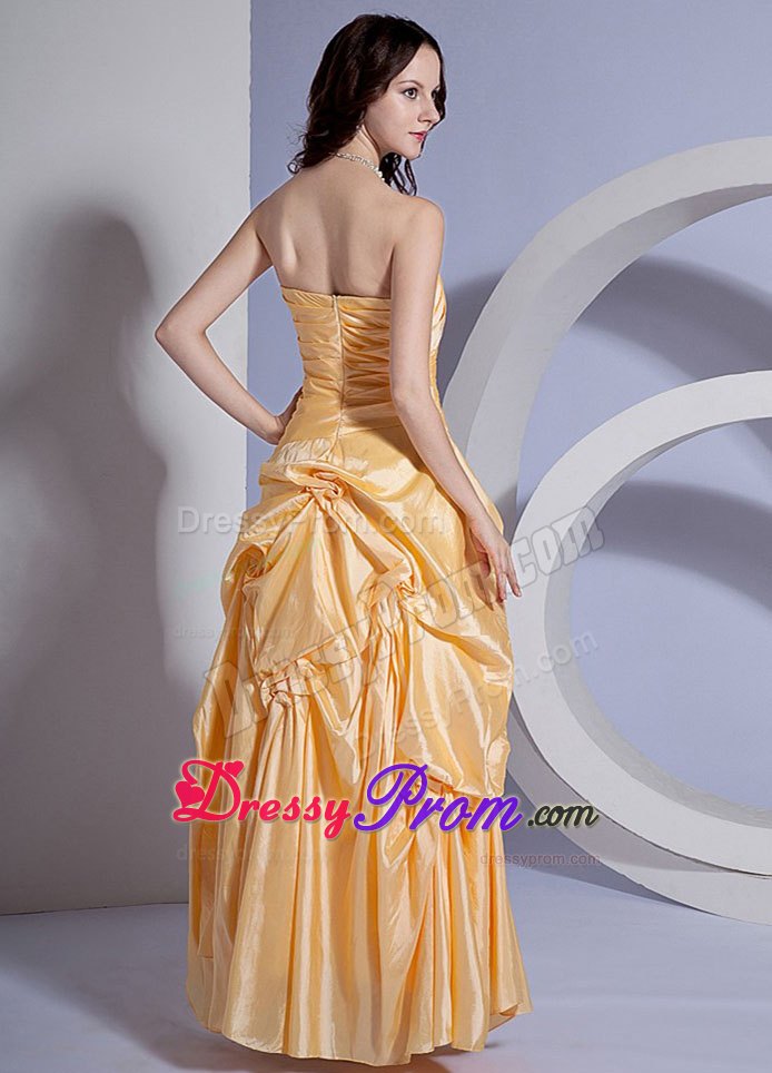 Strapless Ankle-length Pick Ups Yellow Prom Dress for Ladies