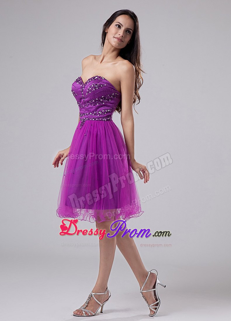 Girly Knee-length Sweetheart Fuchsia Prom Dress with Beading