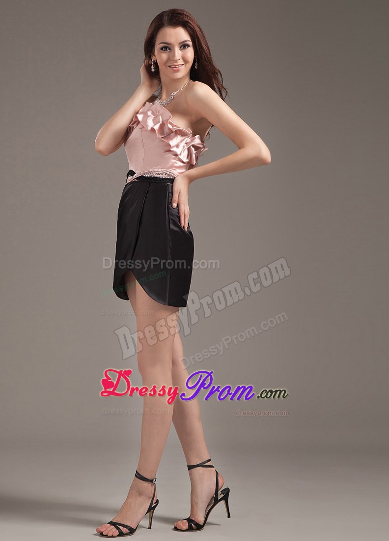 Mini-length Light Pink and Black Prom Evening Dress with Ruffles