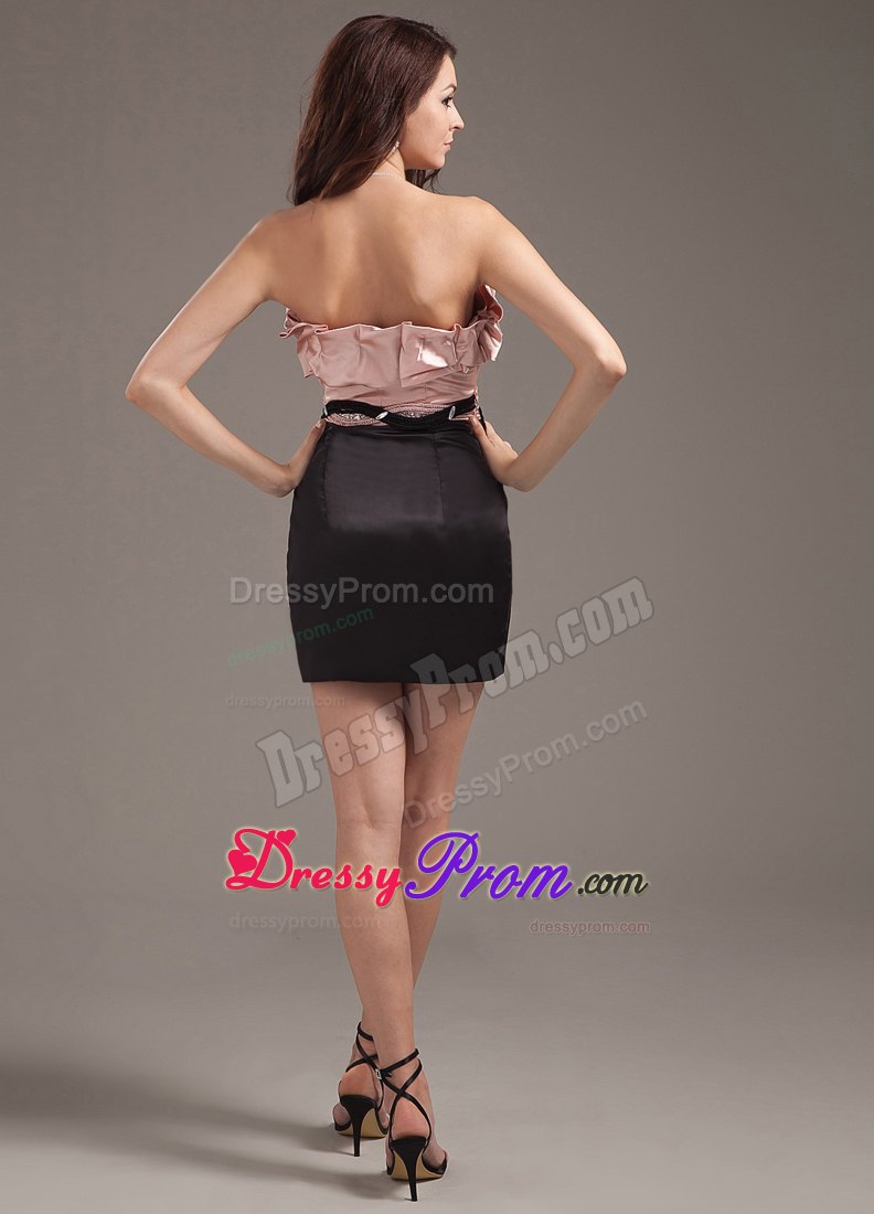 Mini-length Light Pink and Black Prom Evening Dress with Ruffles