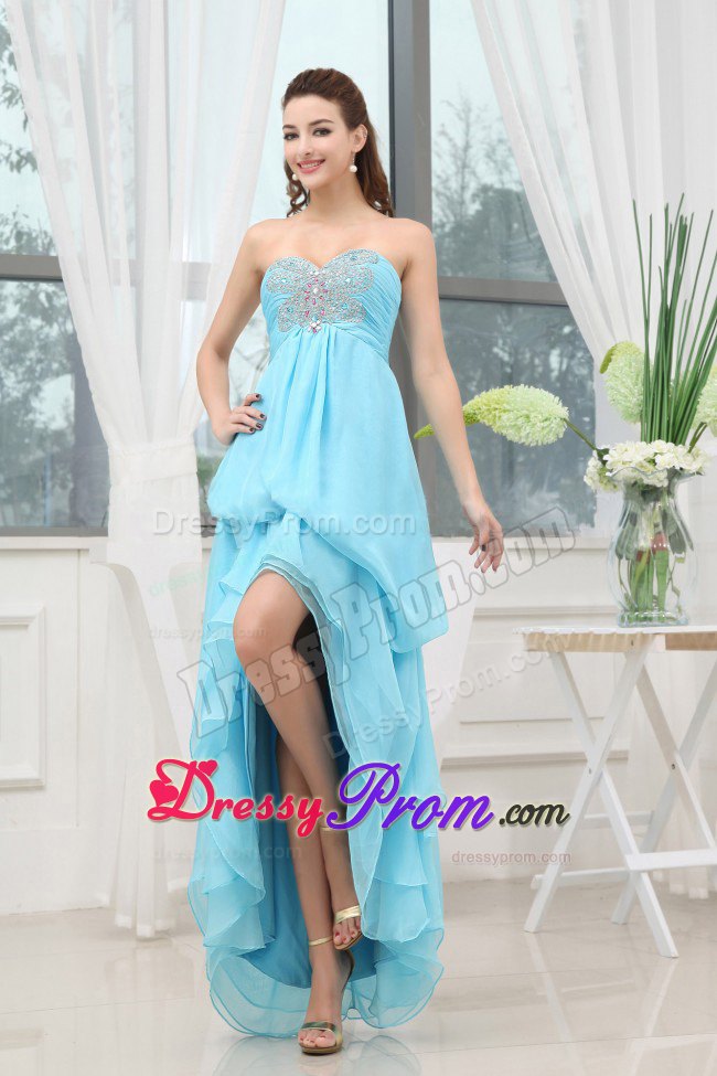 2014 Wholesale High-low Beaded Aqua Blue Prom Dress for Girls