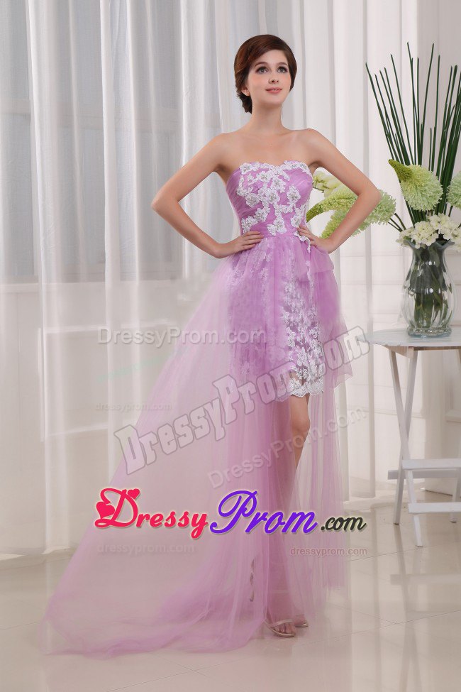 fashionable Lavender Strapless Prom Gown Dress with Appliques Brush Train
